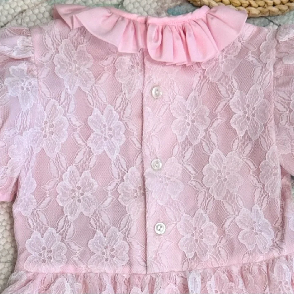 Vintage Toddler Girl Dress Pink White Floral Lace by Ribbons & Lace Collection